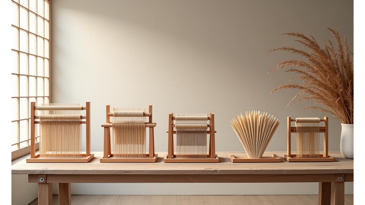 Ami Weaverの歴史的タイムライン、伝統的な織機と現代の素材を背景に