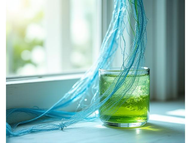 涼しげな青や緑の糸で編まれた、芸術的なデザインのミニ漁網アート。