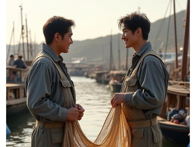 笑顔の漁師が貸し出された手織り漁網を手に持ち、仲間と話している様子。背景には漁港が広がる