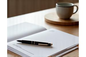 洗練されたデザインの提案書が、木製のテーブルに置かれており、その横にはペンとコーヒーカップがある