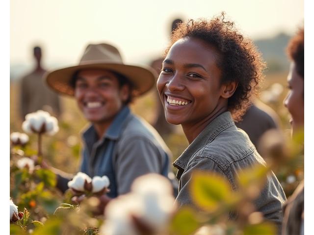途上国の農家の方々が笑顔で綿花を収穫している様子