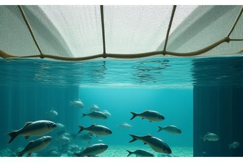 養殖場で魚を囲む特殊な形状の網