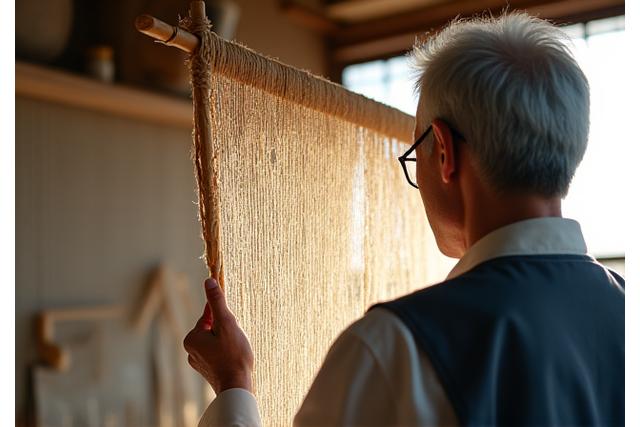 完成した漁網を厳しく検査する職人