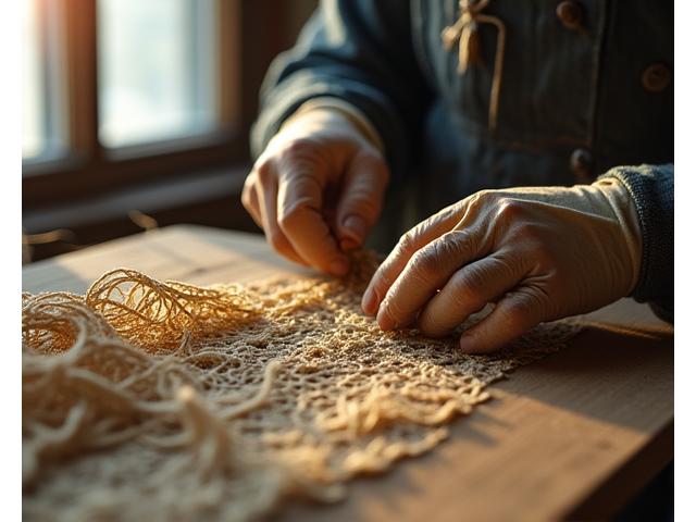 歴史ある漁網の修復作業のクローズアップ