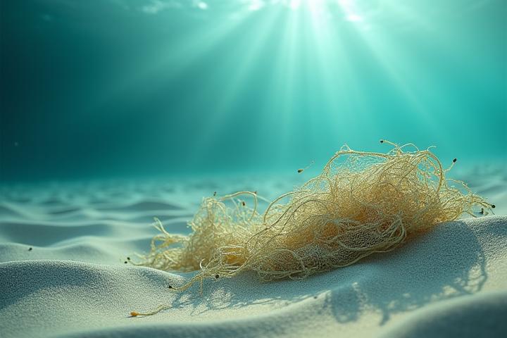 海洋環境で分解されていく生分解性漁網の様子