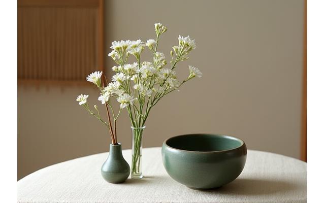 織り機の前に置かれた生け花と抹茶茶碗、和の美意識を感じさせる