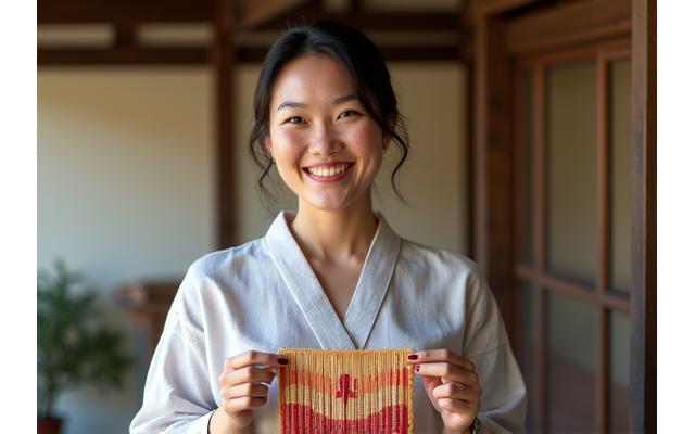 海外からの参加者が自身の織り上げた作品を手に笑顔を見せている